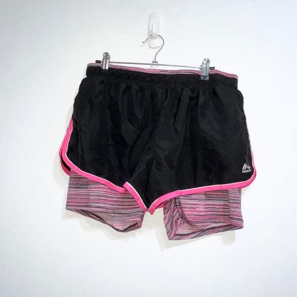 RBX Black Pink Trim Running Shorts with Built-In Striped Tights | Large - Picture 2 of 7